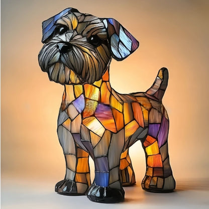 Stained glass dog sculpture with multicolored patterns on a plain background
