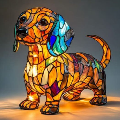 Colorful stained glass dog-shaped lamp on a dark background