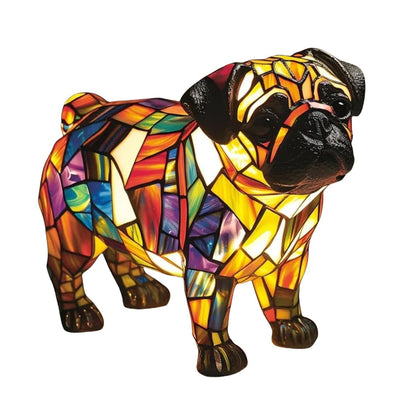 Colorful stained glass dog sculpture on a white background
