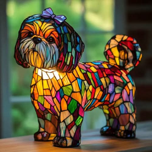 Colorful stained glass dog-shaped lamp on a wooden surface with a blurred green background
