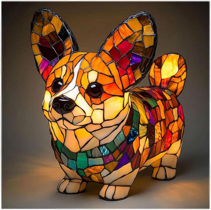 Colorful stained glass lamp shaped like a dog on a dark background