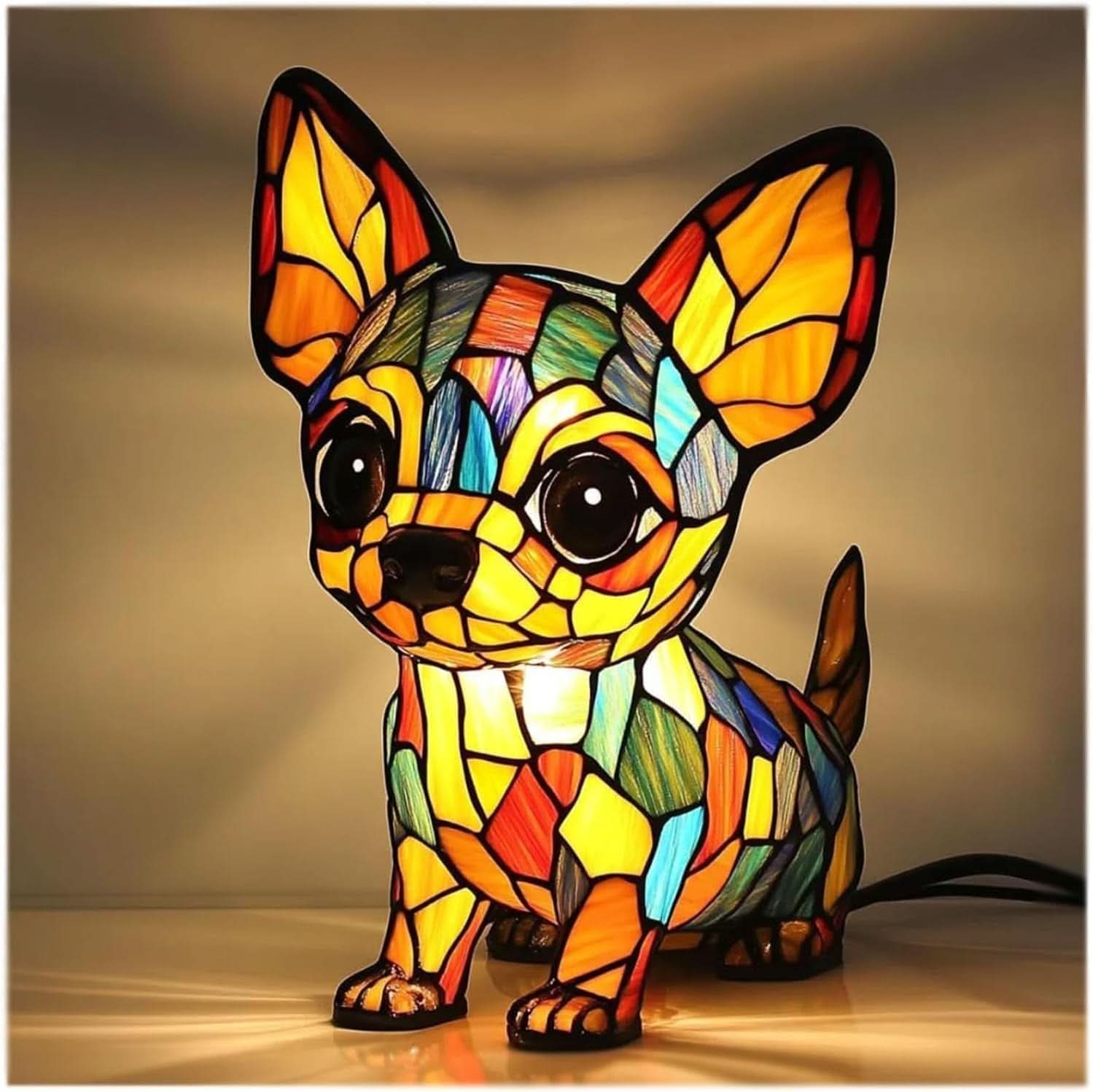 Colorful stained glass dog-shaped lamp on a wooden surface with a warm background