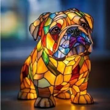 Colorful stained glass bulldog lamp on a dark background