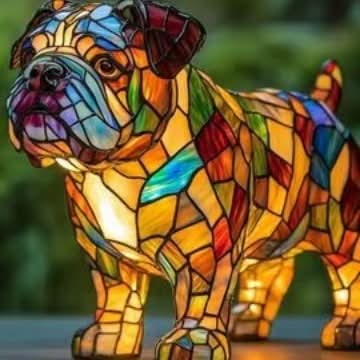 Colorful stained glass bulldog sculpture