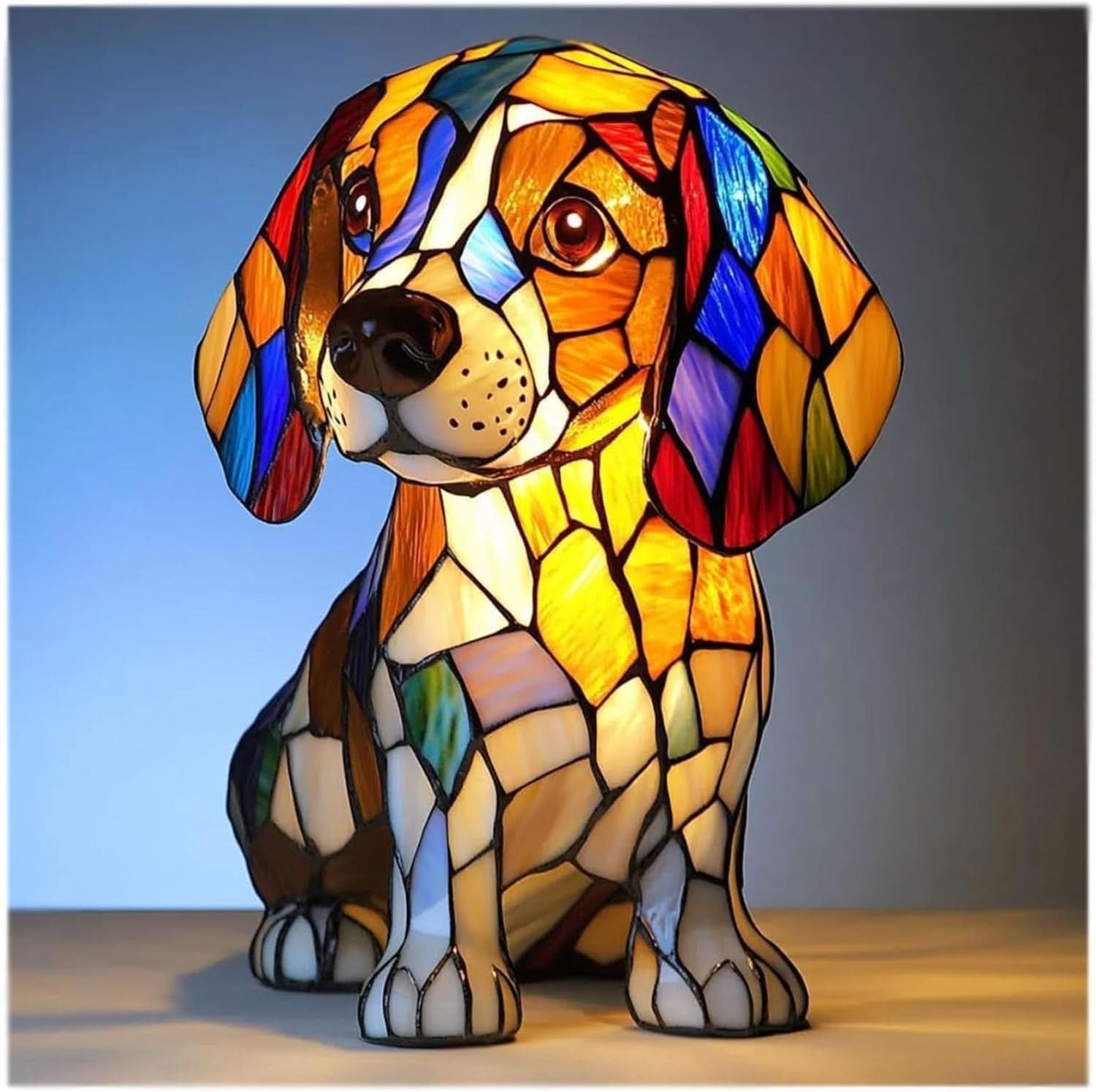 Colorful stained glass dog-shaped lamp on a wooden surface with a gradient background