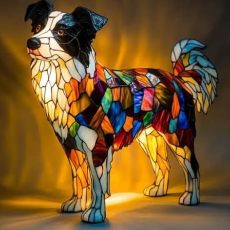 Colorful stained glass dog sculpture on a dark background
