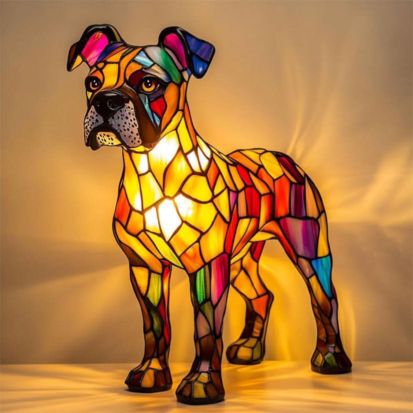Colorful stained glass lamp shaped like a dog on a soft background