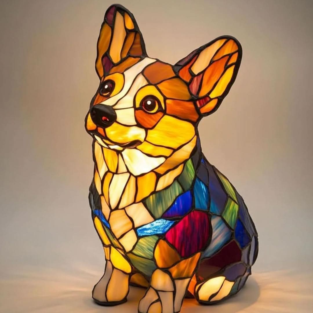 Colorful stained glass lamp shaped like a dog on a plain background