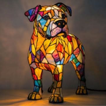 Colorful stained glass dog-shaped lamp on a dark background