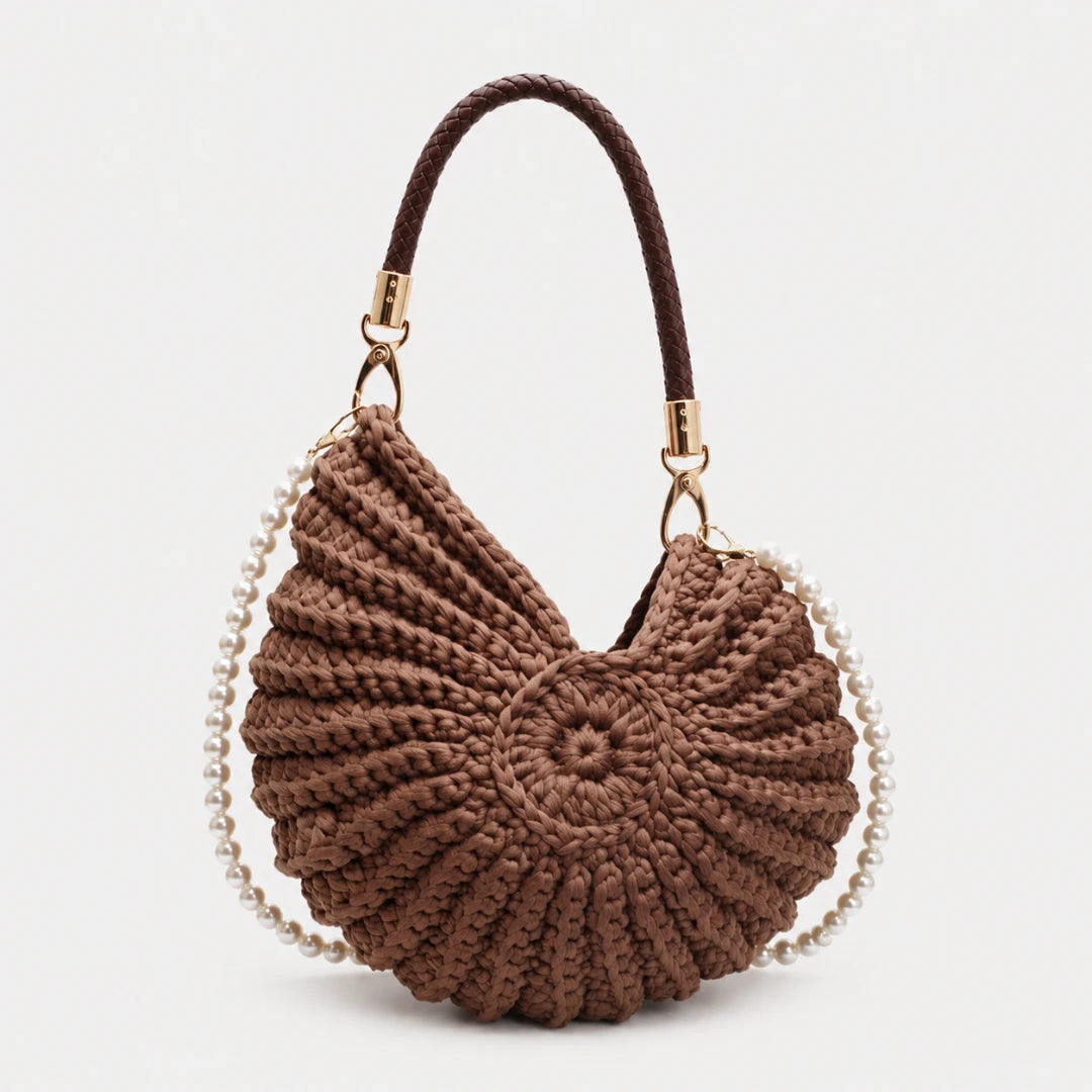 Josh & Tate - ConchKnit™ Pearl Handbag - Brown crochet handbag with pearl chain on a white background