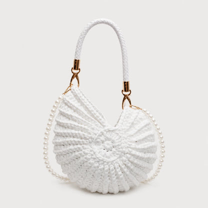 Josh & Tate - ConchKnit™ Pearl Handbag - White woven handbag with a rope handle on a light gray background