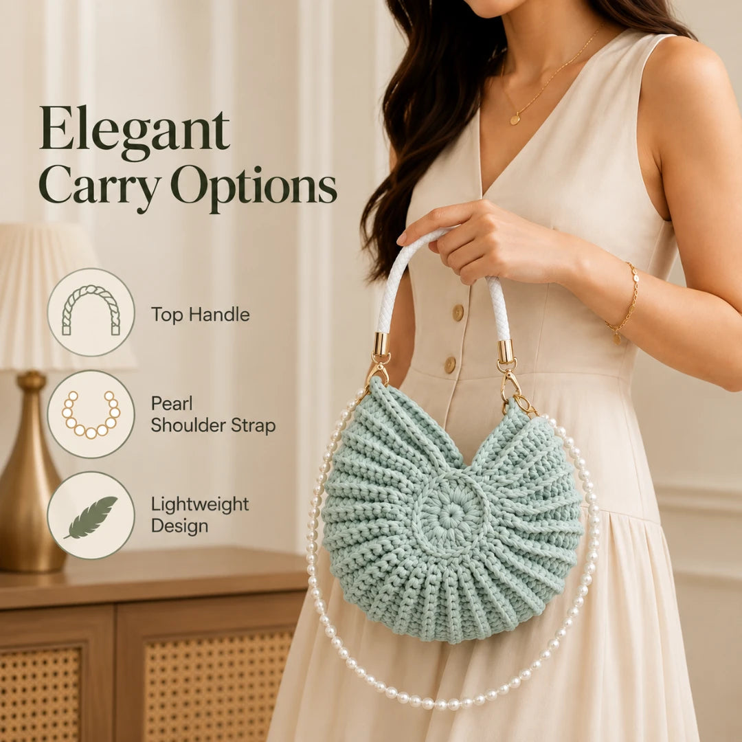 Josh & Tate - ConchKnit™ Pearl Handbag - Woman holding a light blue handbag with pearl shoulder strap, text 'Elegant Carry Options' and icons.