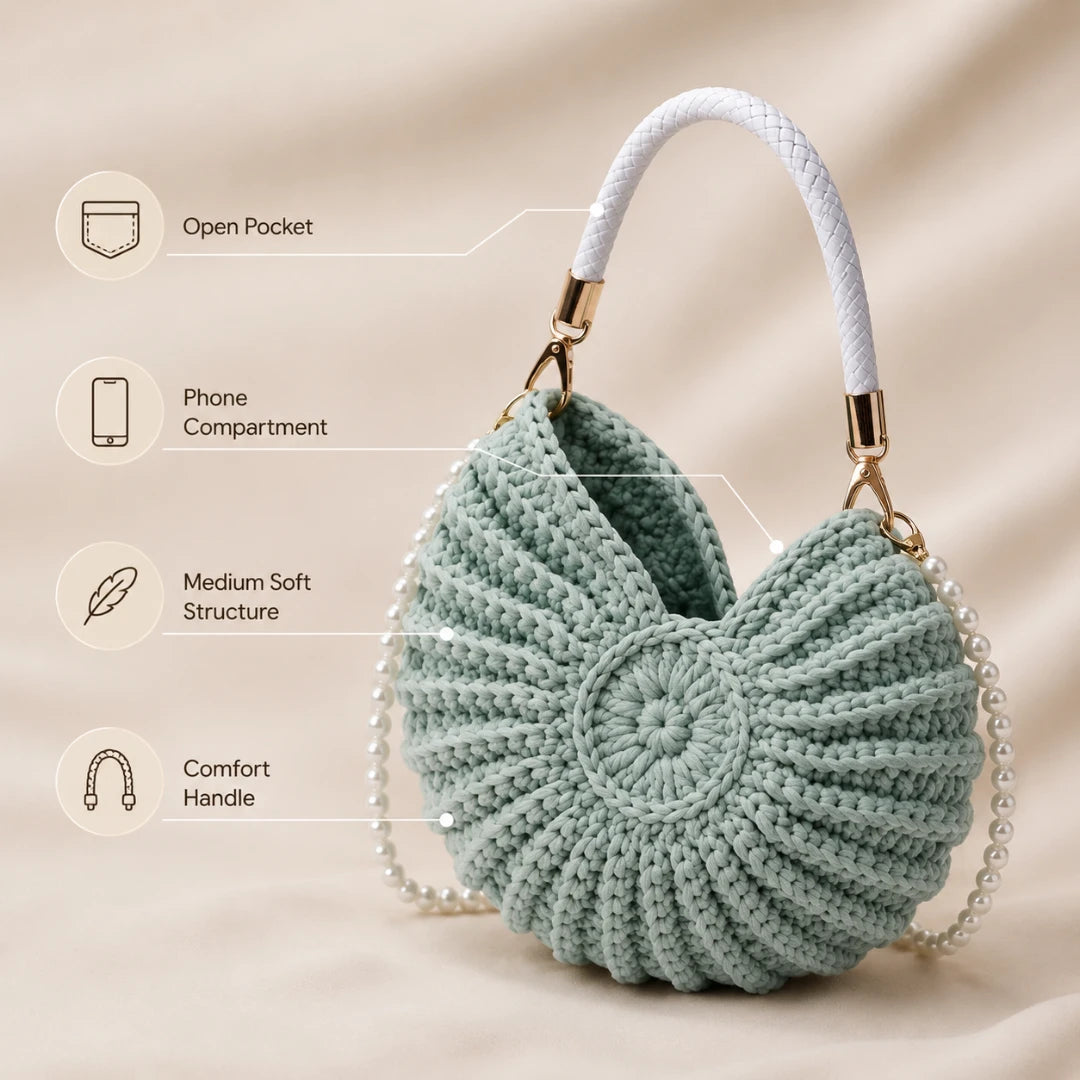Josh & Tate - ConchKnit™ Pearl Handbag - Light blue handbag with features highlighted on a beige background