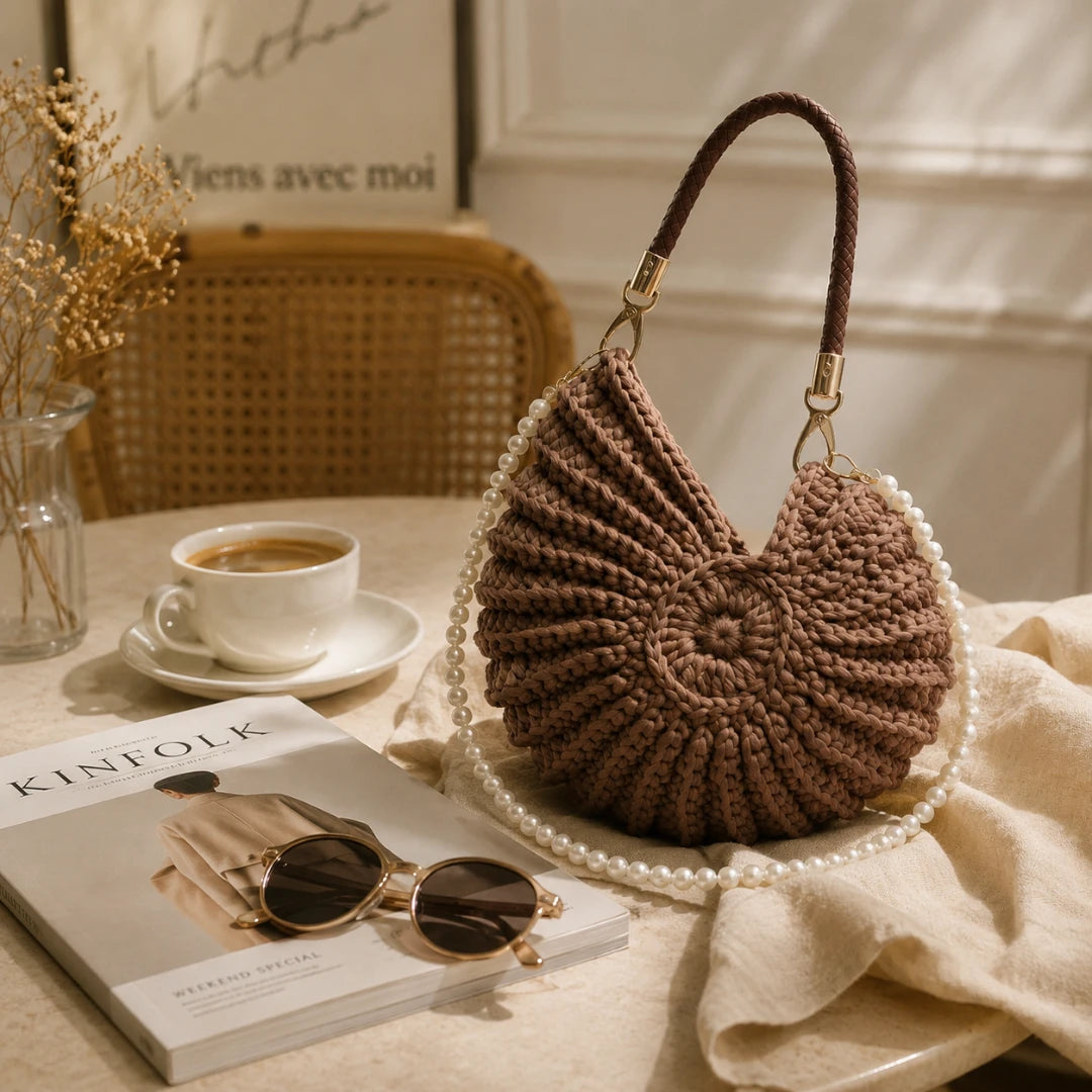Josh & Tate - ConchKnit™ Pearl Handbag - Brown knitted handbag on a table with a cup of coffee, sunglasses, and a book.