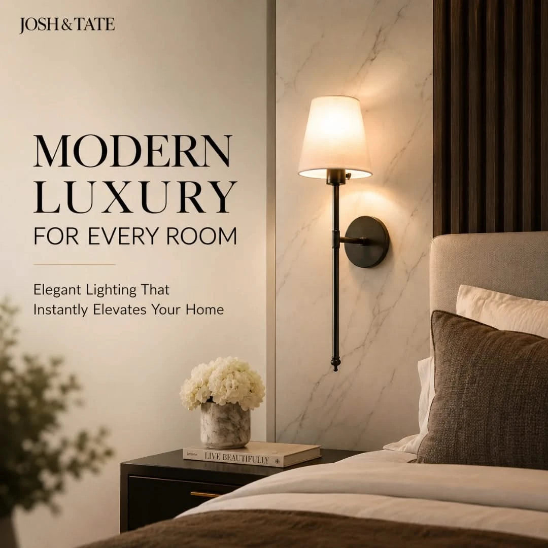 Josh & Tate - Cordless Fabric Wall Light - Advertisement for Josh & Tate lighting with a bedroom scene featuring a wall sconce.