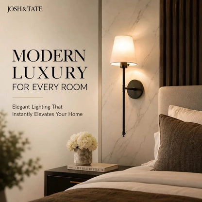 Josh & Tate - Cordless Fabric Wall Light - Advertisement for Josh & Tate lighting with a bedroom scene featuring a wall sconce.