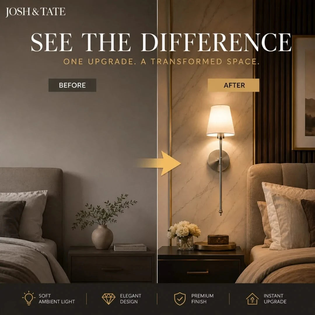 Josh & Tate - Cordless Fabric Wall Light - Before and after transformation of a bedroom with lighting upgrade, featuring Josh & Tate brand.