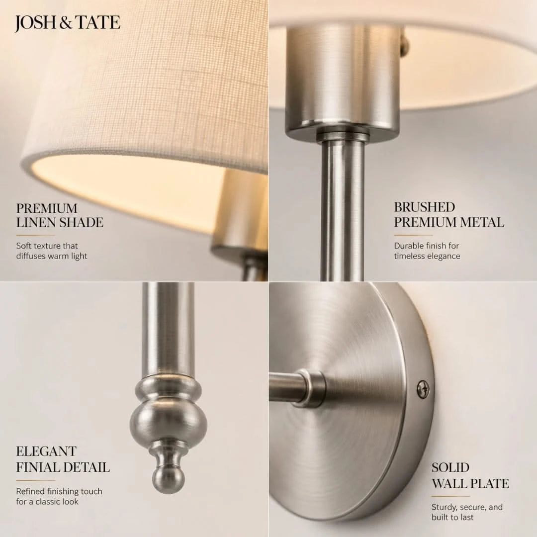 Josh & Tate - Cordless Fabric Wall Light - Wall-mounted light fixture with linen shade and metal finish, featuring Josh & Tate branding.