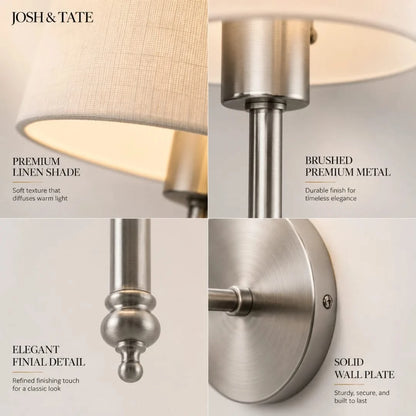 Josh & Tate - Cordless Fabric Wall Light - Wall-mounted light fixture with linen shade and metal finish, featuring Josh & Tate branding.