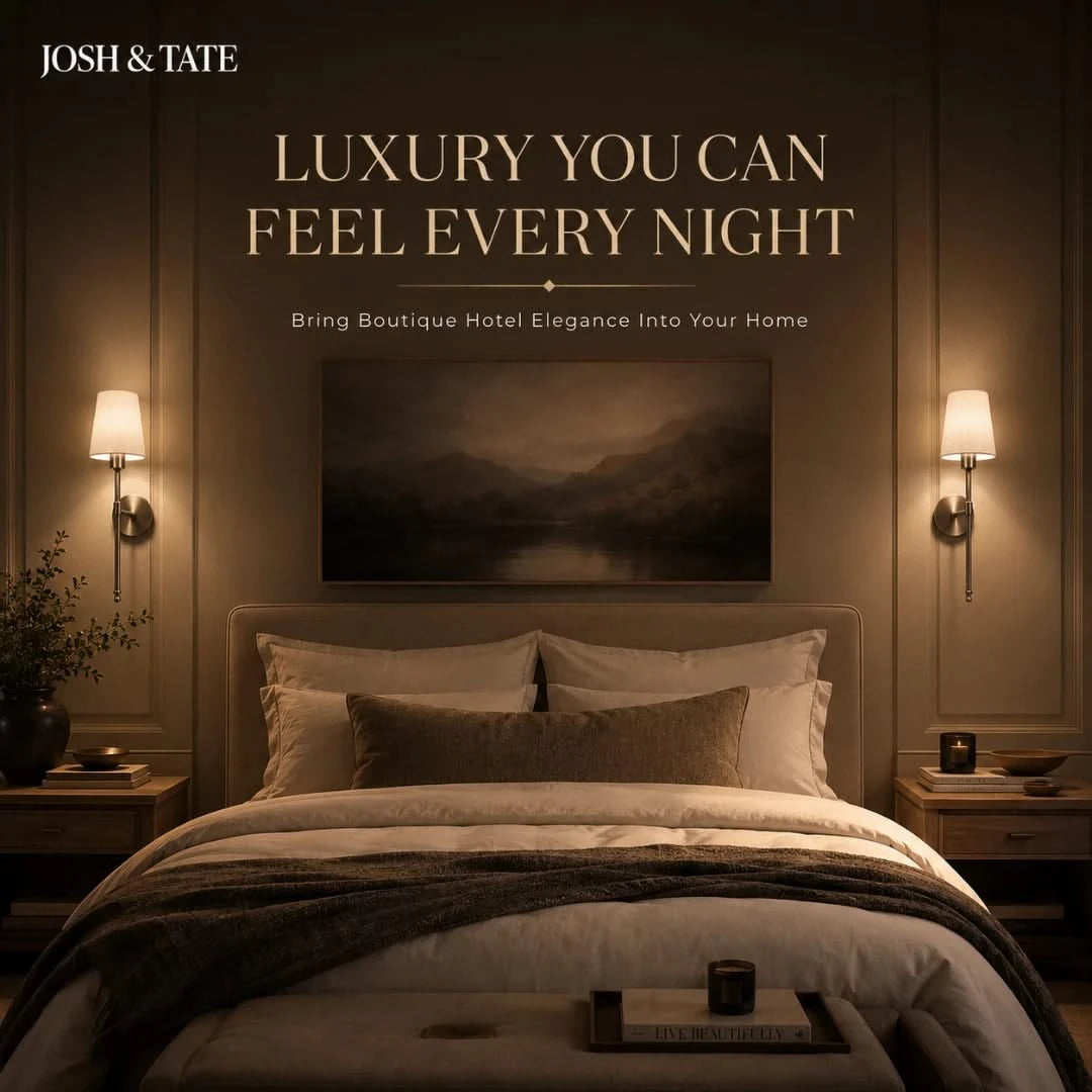 Josh & Tate - Cordless Fabric Wall Light - Luxurious bedroom with 'Josh & Tate' branding and a quote about boutique hotel elegance.