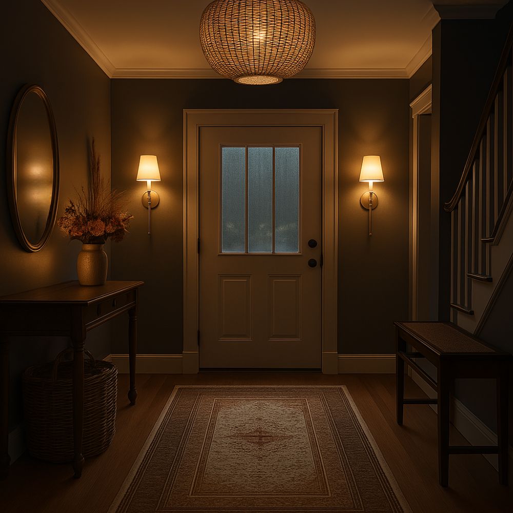Dark hallway with a door, lampshades, and decorative elements.