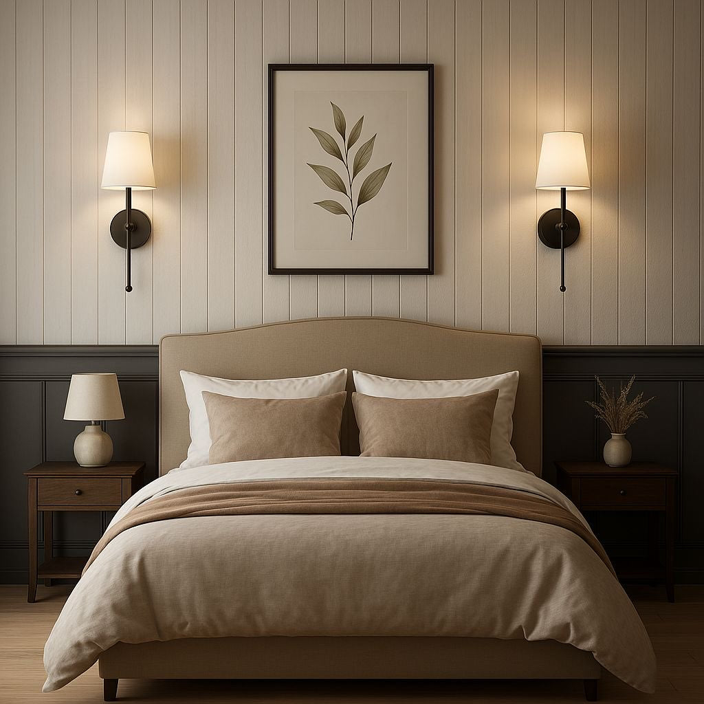Neatly made bed with beige bedding in a bedroom setting with wall art and lamps.