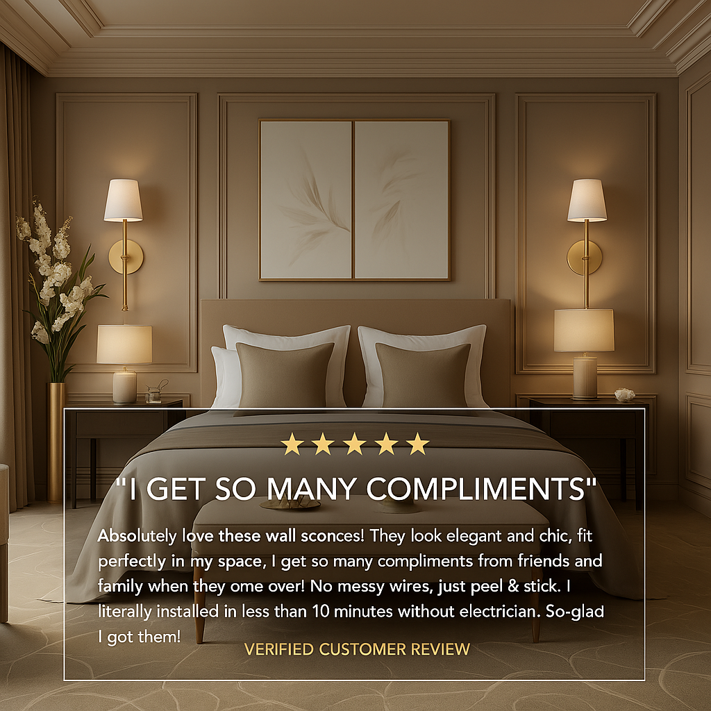 Modern bedroom with wall sconces, bed, and decor elements.