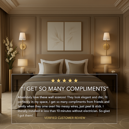 Modern bedroom with wall sconces, bed, and decor elements.