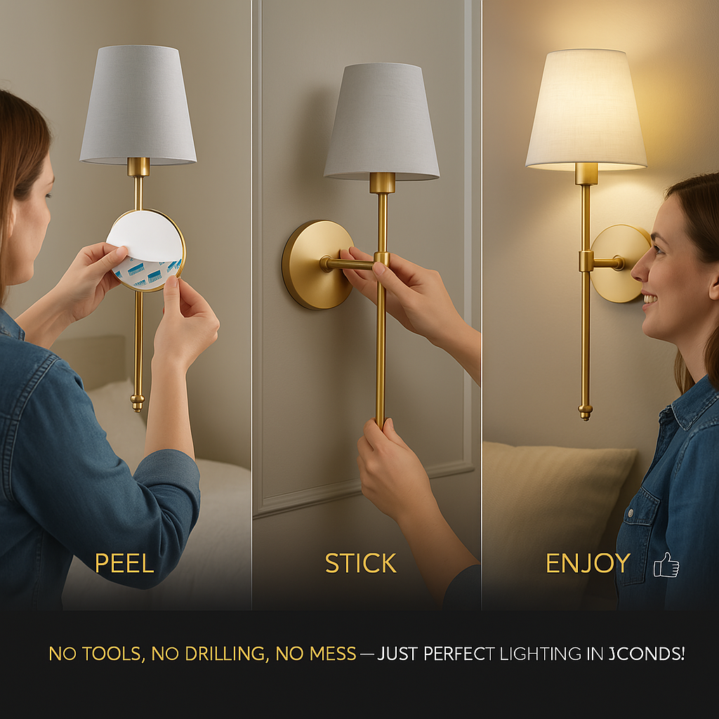 Woman installing a wall-mounted lamp with text indicating installation steps.