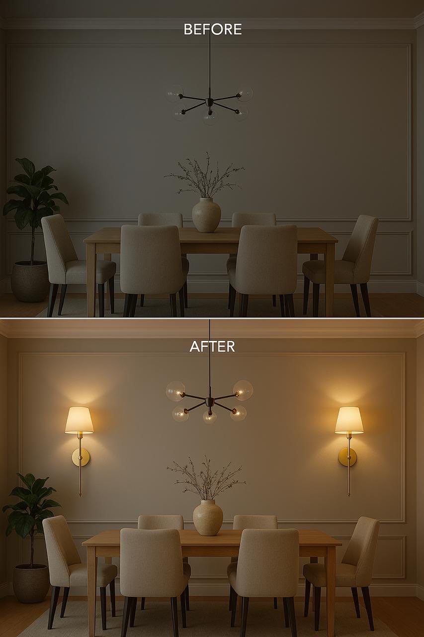Before and after comparison of a dining room with added wall lights.