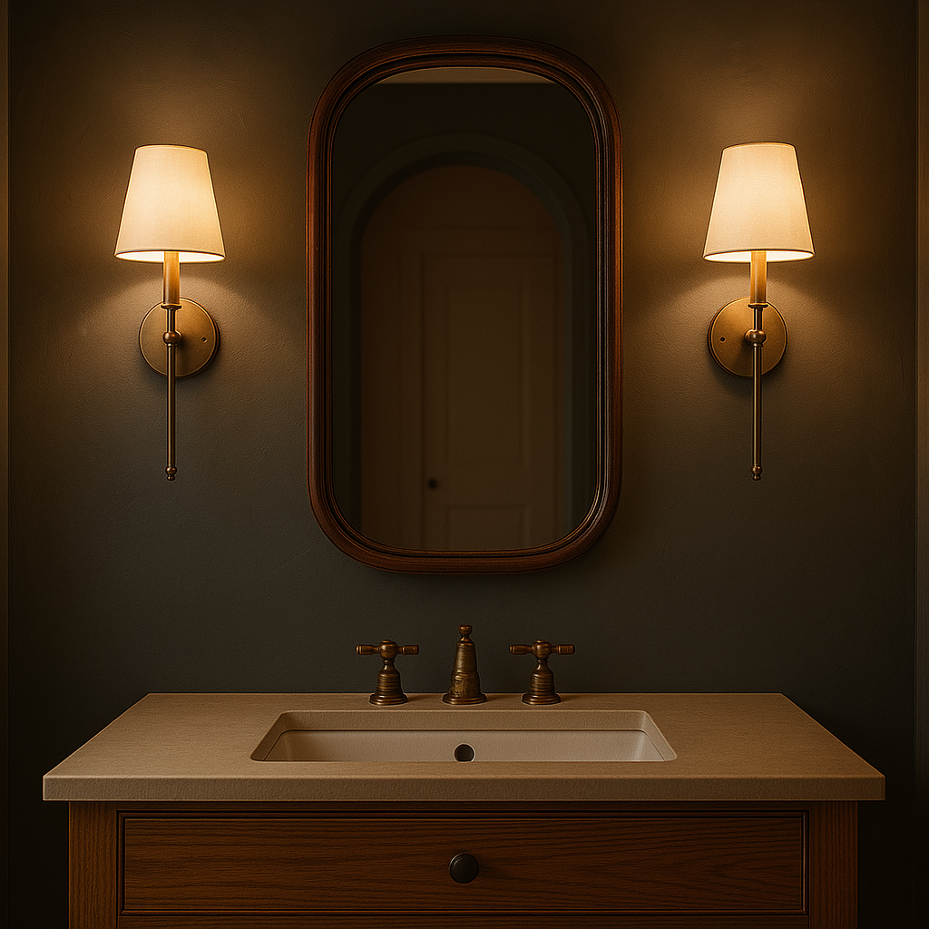Bathroom vanity with mirror, lights, and sink against a dark wall