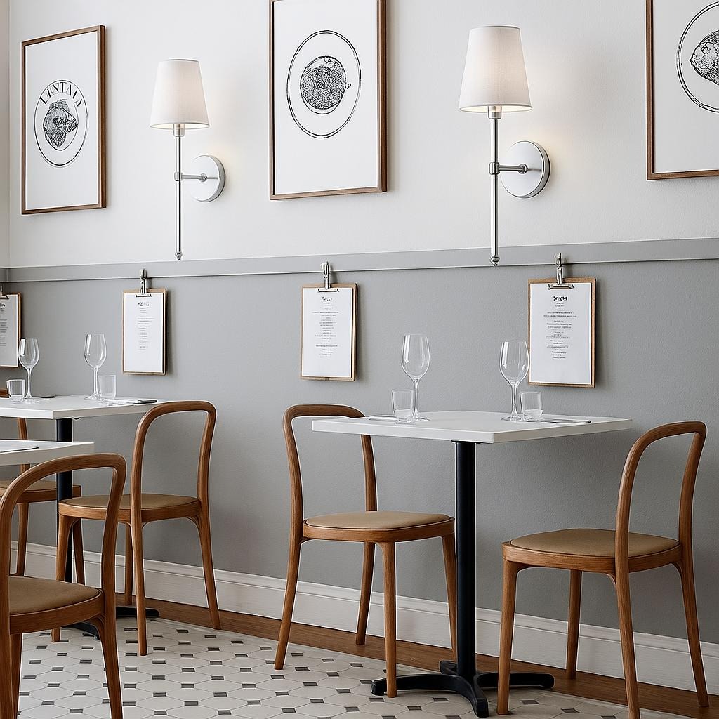 Restaurant interior with tables, chairs, and wall art