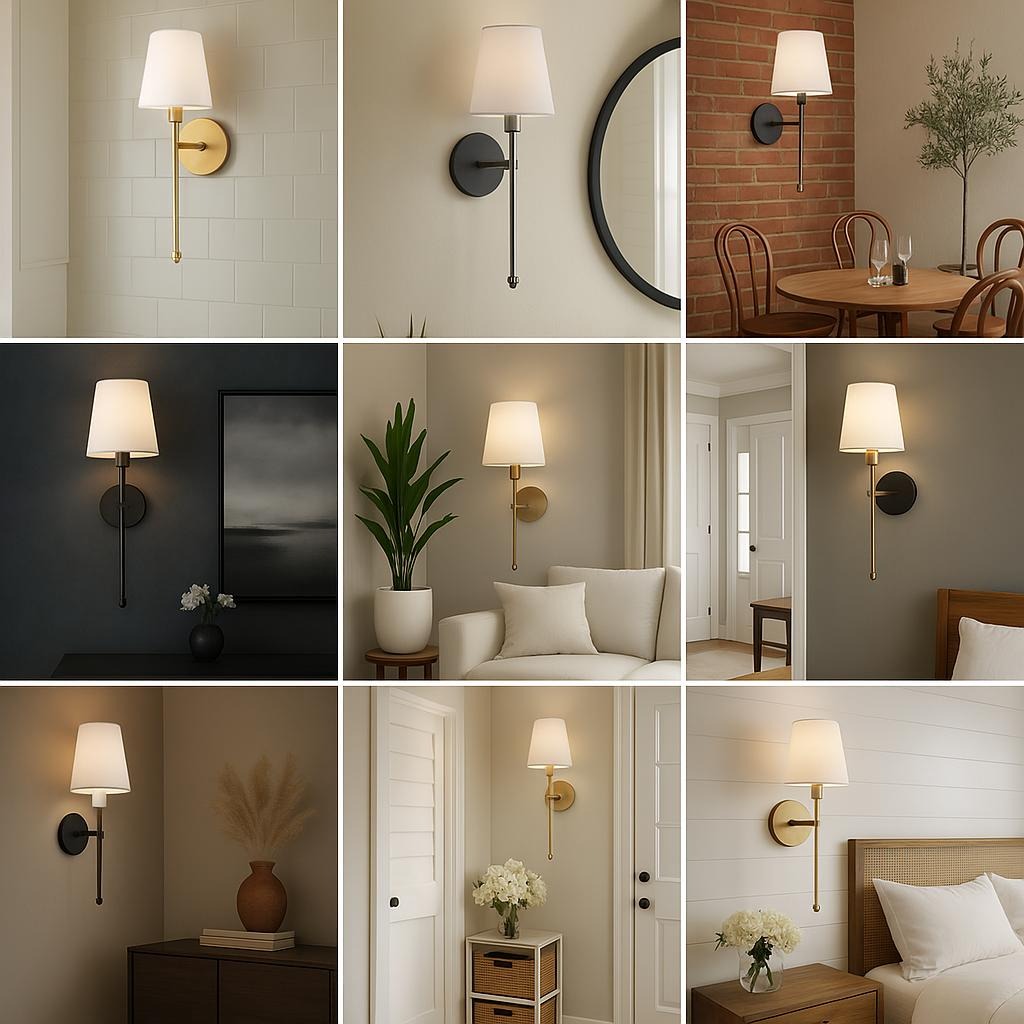Collage of wall sconces in various indoor settings