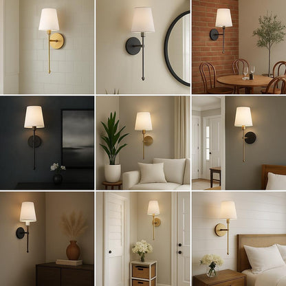 Collage of wall sconces in various indoor settings