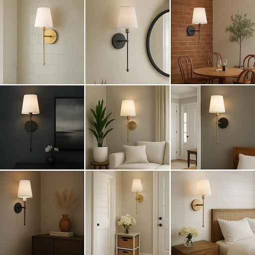 Josh & Tate - Cordless Fabric Wall Light - Collage of wall sconces in various indoor settings