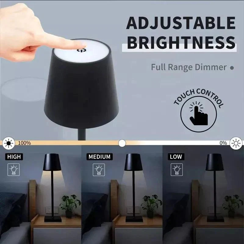 Black lamp with adjustable brightness control and touch dimmer feature.