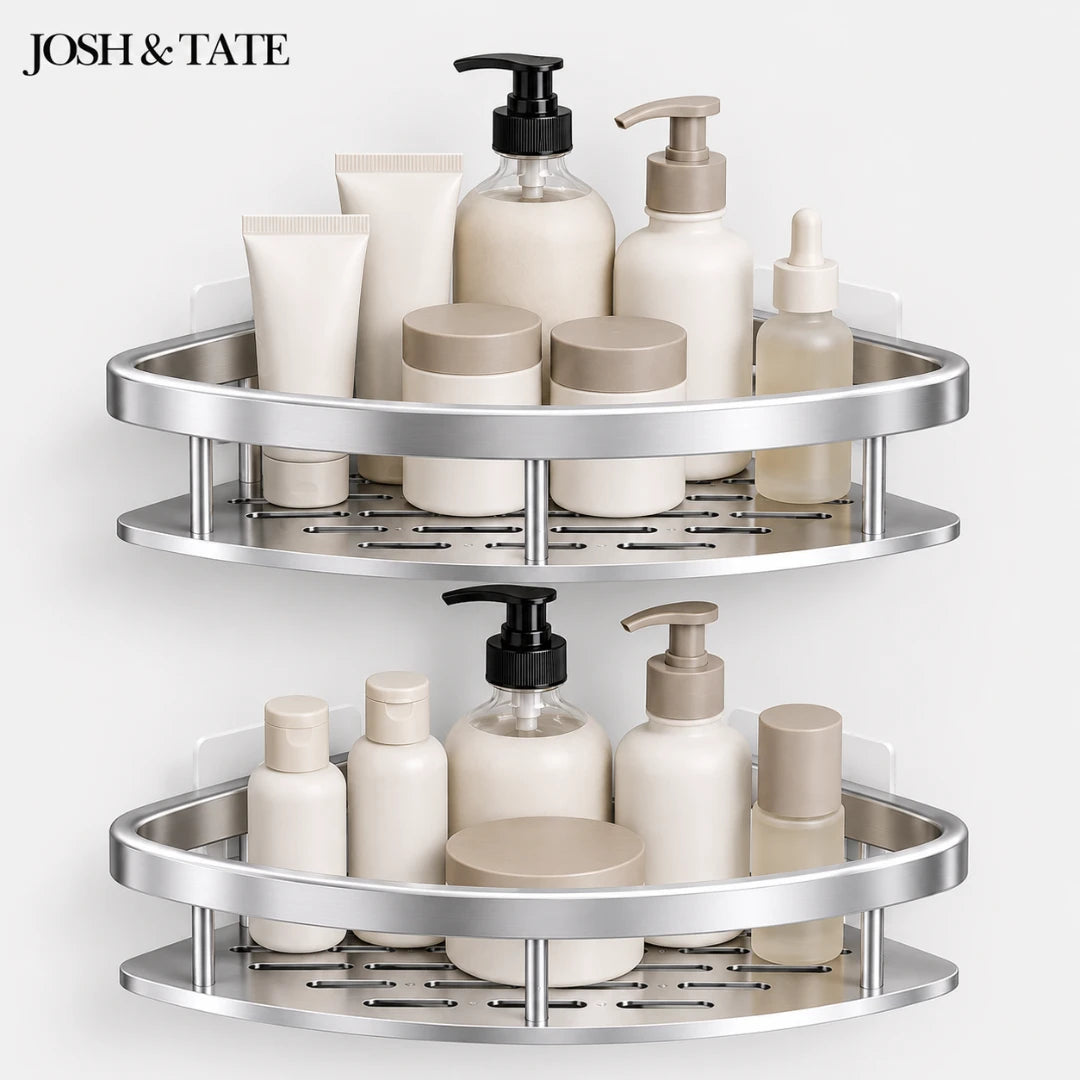 Josh & Tate - CornerLock™ Adhesive Shower Shelf - Two-tier metal corner shelf with skincare products on a white background, featuring the brand 'Josh & Tate'.