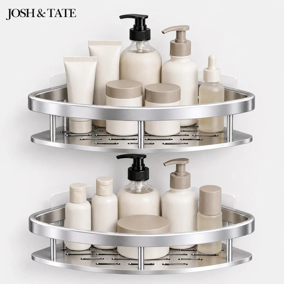 Josh & Tate - CornerLock™ Adhesive Shower Shelf - Two-tier metal corner shelf with skincare products on a white background, featuring the brand 'Josh & Tate'.