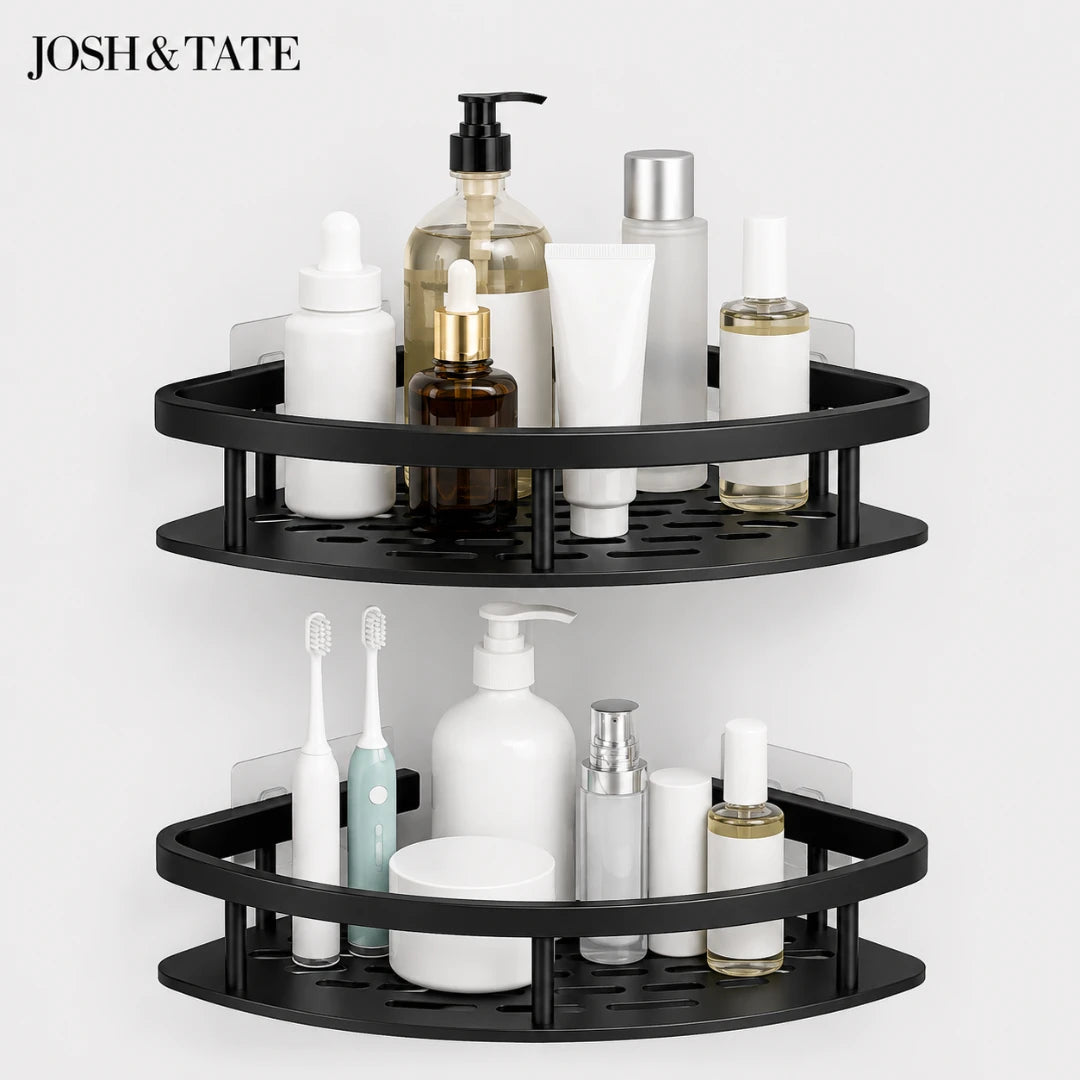 Josh & Tate - CornerLock™ Adhesive Shower Shelf - Black corner shelf with bathroom products on a white background, featuring the brand 'Josh & Tate'.