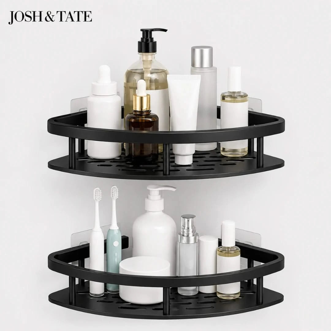 Josh & Tate - CornerLock™ Adhesive Shower Shelf - Black corner shelf with bathroom products on a white background, featuring the brand 'Josh & Tate'.