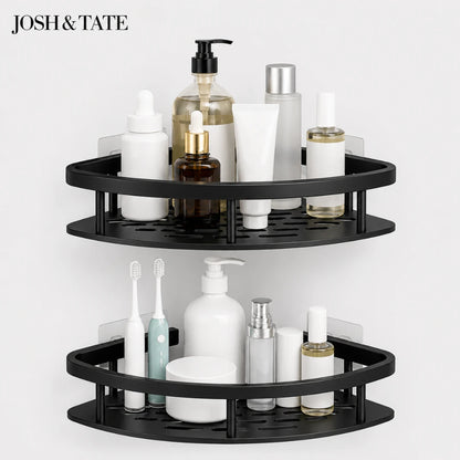 Josh & Tate - CornerLock™ Adhesive Shower Shelf - Black corner shelf with bathroom products on a white background, featuring the brand 'Josh & Tate'.