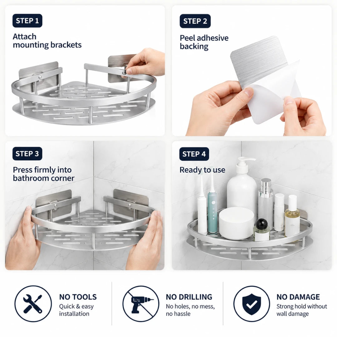 Josh & Tate - CornerLock™ Adhesive Shower Shelf - Step-by-step guide on how to install a corner shower caddy with hands performing each step.