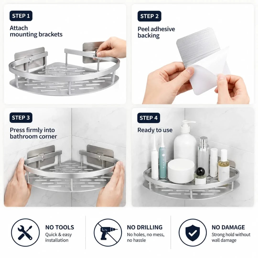 Josh & Tate - CornerLock™ Adhesive Shower Shelf - Step-by-step guide on how to install a corner shower caddy with hands performing each step.