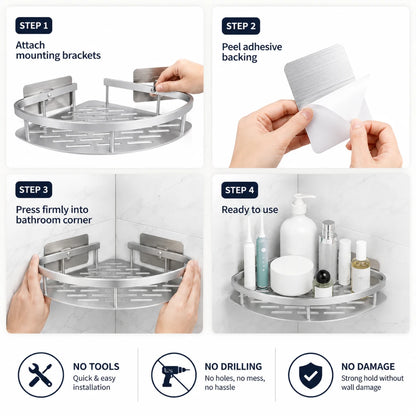 Josh & Tate - CornerLock™ Adhesive Shower Shelf - Step-by-step guide on how to install a corner shower caddy with hands performing each step.