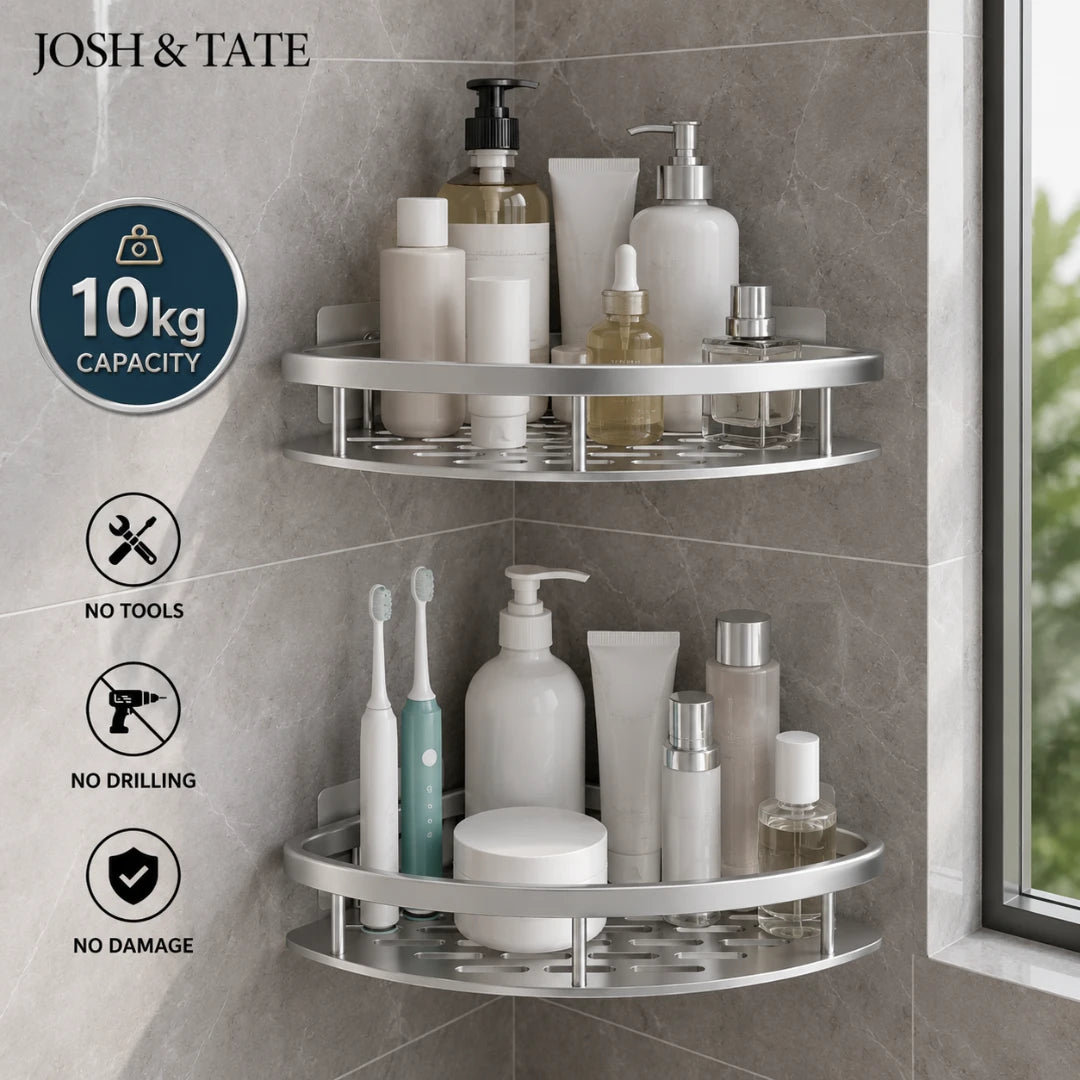Josh & Tate - CornerLock™ Adhesive Shower Shelf - Corner shower caddy with bathroom products on a tiled wall, featuring 'Josh & Tate' branding.