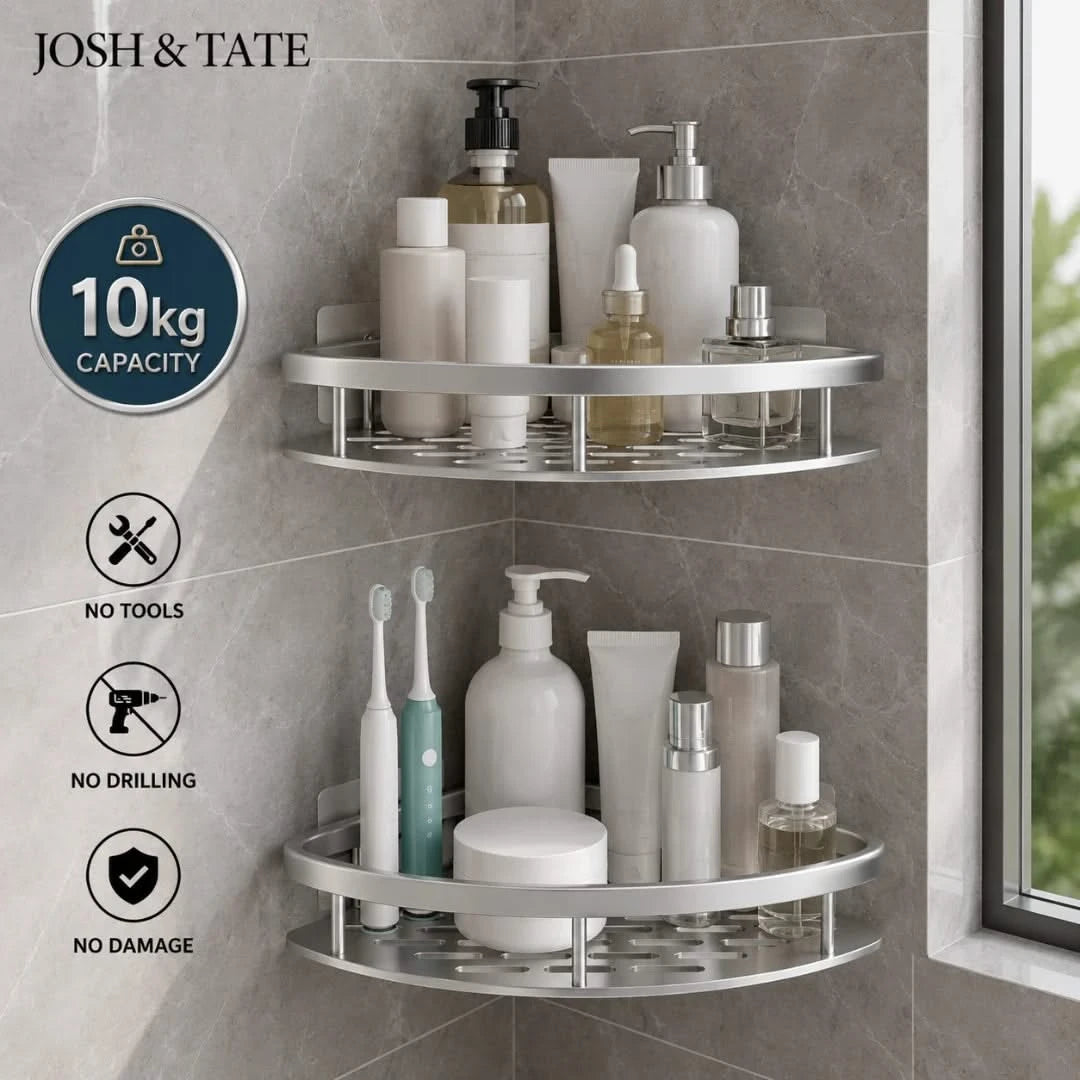Josh & Tate - CornerLock™ Adhesive Shower Shelf - Corner shower caddy with bathroom products on a tiled wall, featuring 'Josh & Tate' branding.