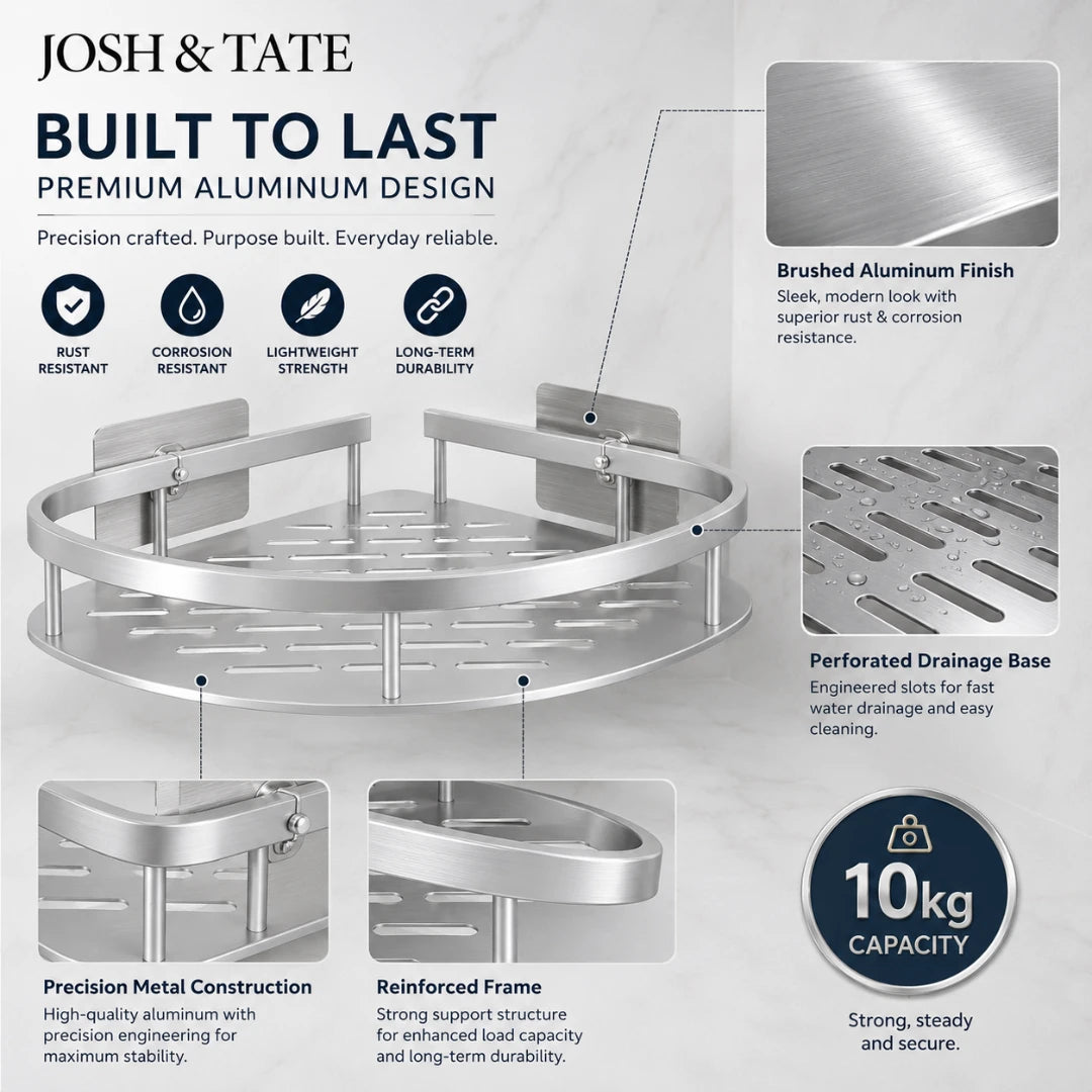Josh & Tate - CornerLock™ Adhesive Shower Shelf - Metal corner shower caddy with features highlighted on a gray background