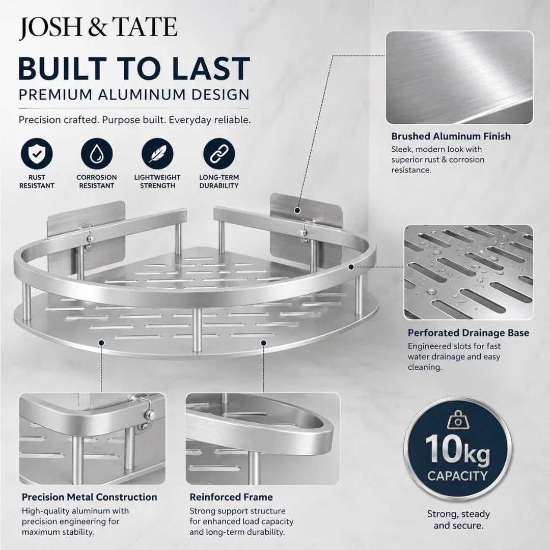 Josh & Tate - CornerLock™ Adhesive Shower Shelf - Metal corner shower caddy with features highlighted on a gray background