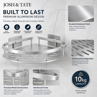 Josh & Tate - CornerLock™ Adhesive Shower Shelf - Metal corner shower caddy with features highlighted on a gray background