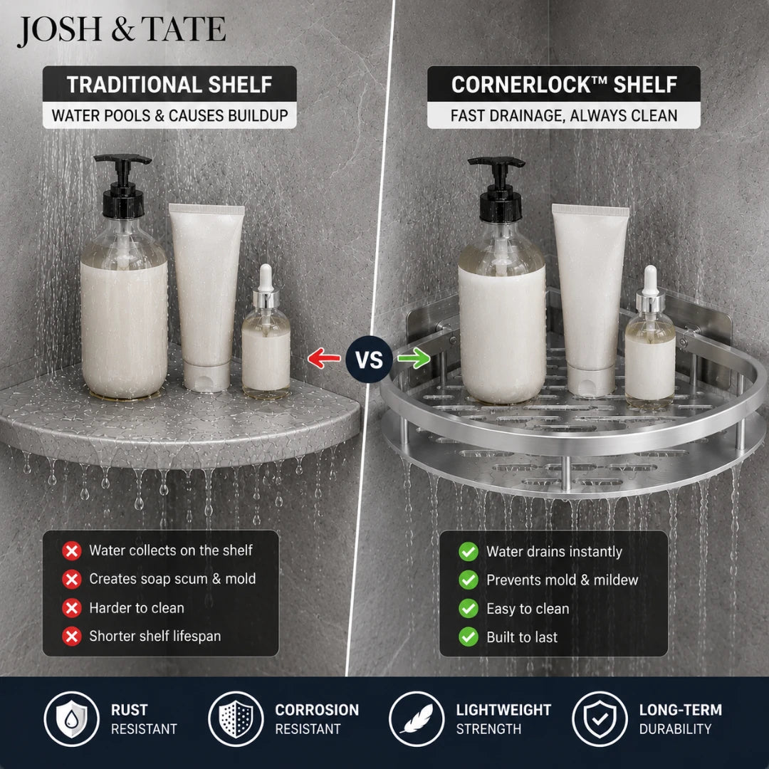 Josh & Tate - CornerLock™ Adhesive Shower Shelf - Comparison of a traditional shelf and a cornerlock shelf in a shower setting with product placement.